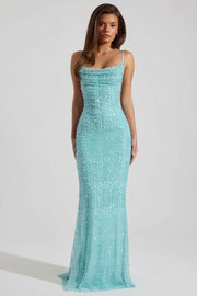 Oh Polly Nivalis Robe Maxi Dos Nu Bleu Aqua Perles