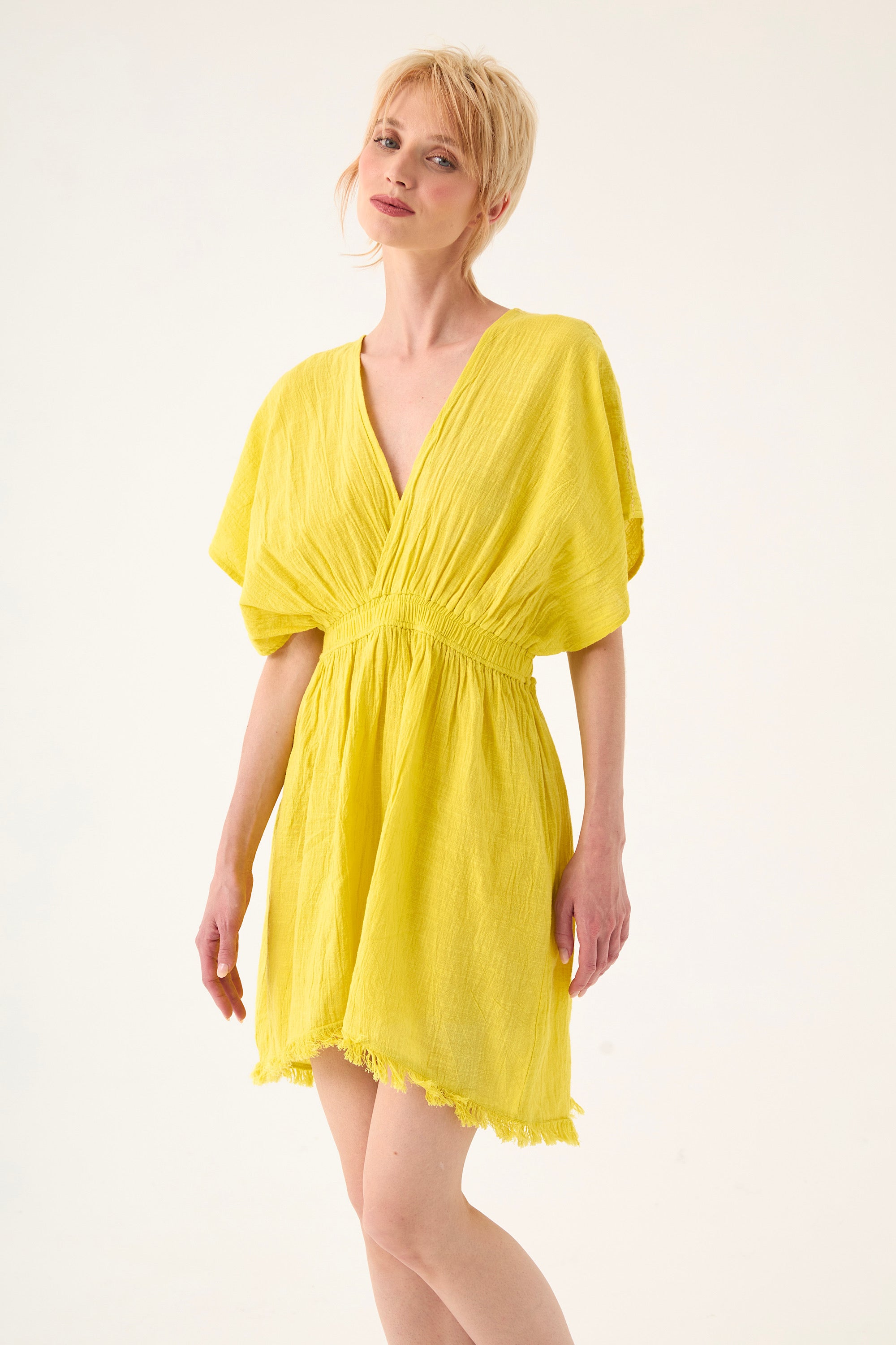 Chicosoleil Robes Ophelia robe courte jaune dos nu coton