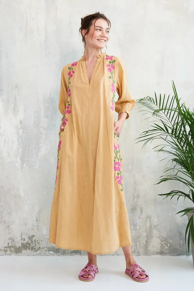Chicosoleil Kalinda robe longue jaune cornsilk coton brodée