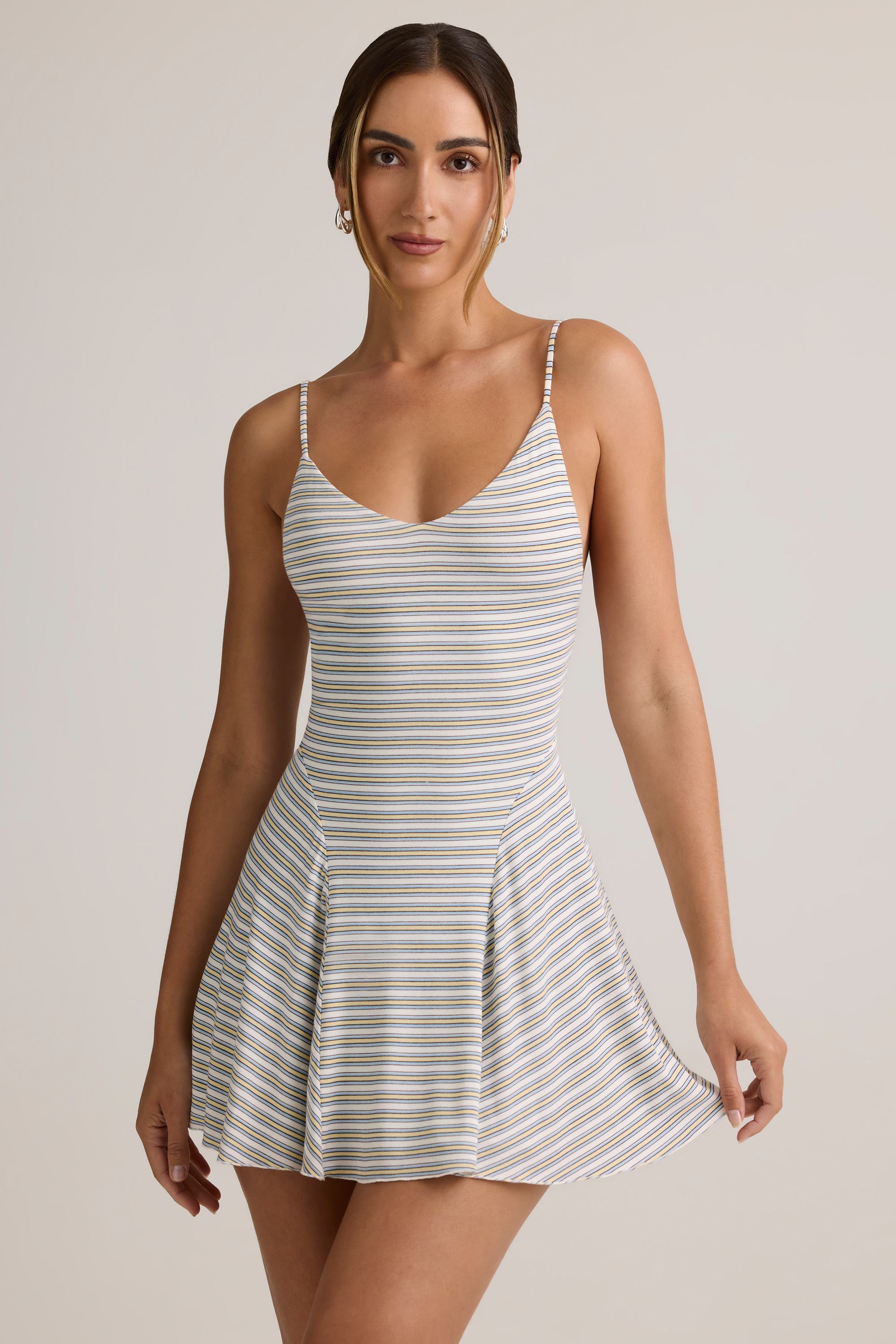 Oh Polly Mansi Modal Mini Robe Bleu Jaune Rayée Dos Nu