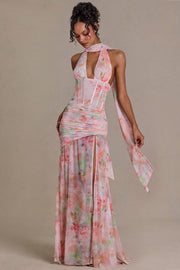 Oh Polly 15739 robe maxi rose fleurie strass foulard