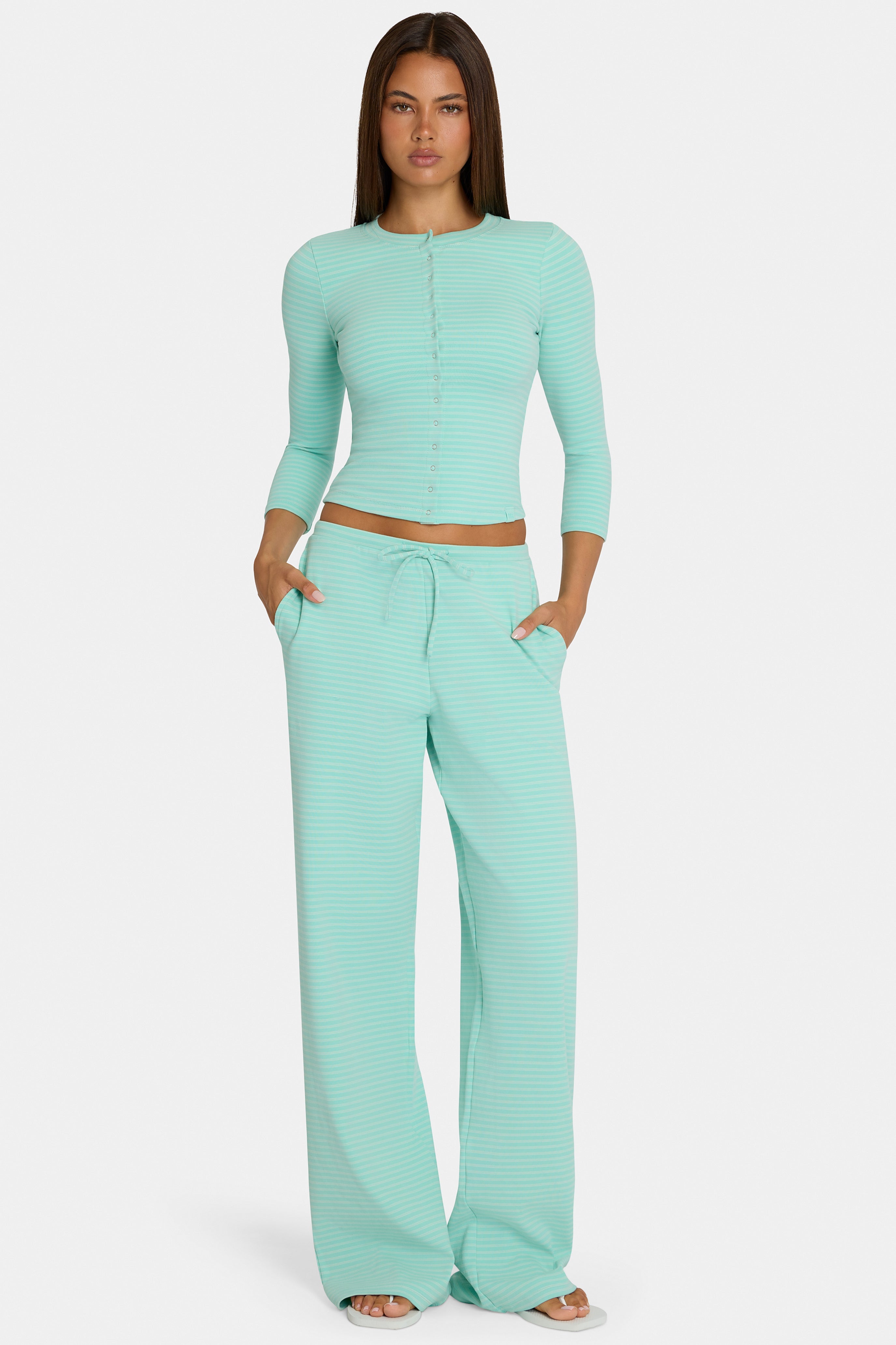 Oh Polly Bo+Tee pantalon large aqua stripe taille basse