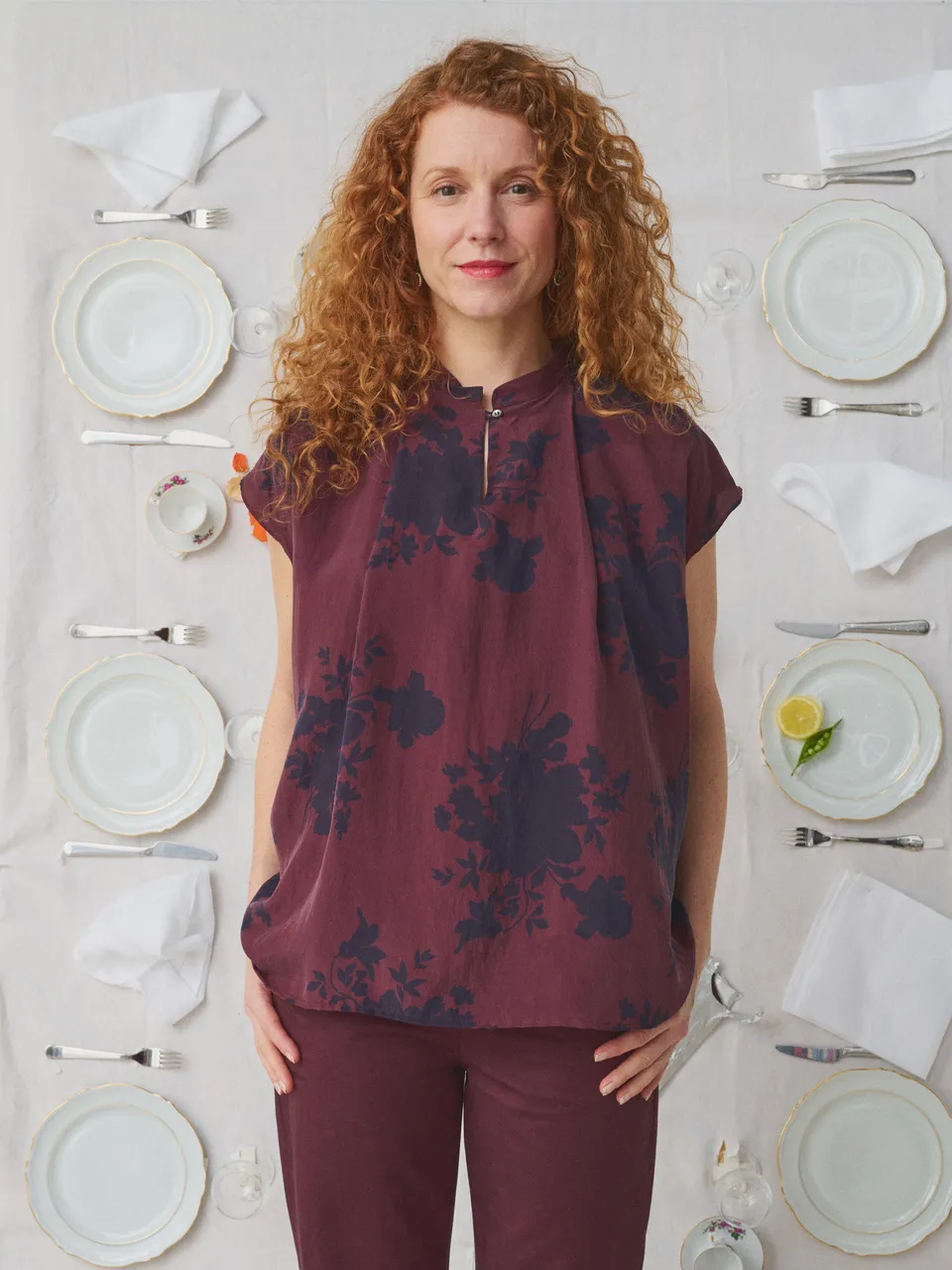 MII Mii à table Anne top soie marine bordeaux S
