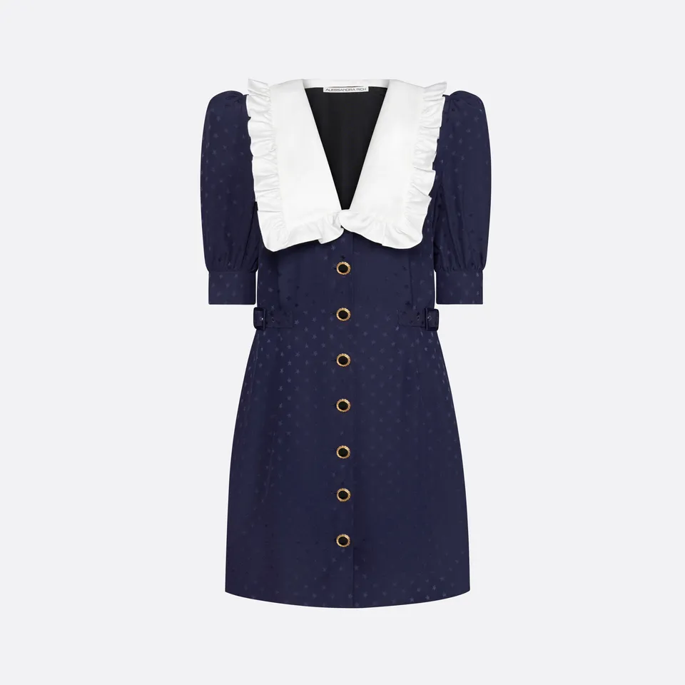 Alessandra Rich Silk Jacquard Mini Buckles robe mini bleu marine