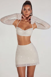 Oh Polly Lucerne Crop Top Ivoire Perles Manches Longues