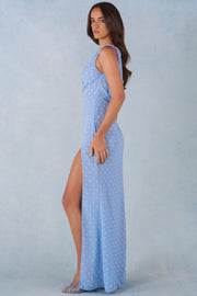 Oh Polly 16001 Robe Maxi Une Épaule Bleu Pois