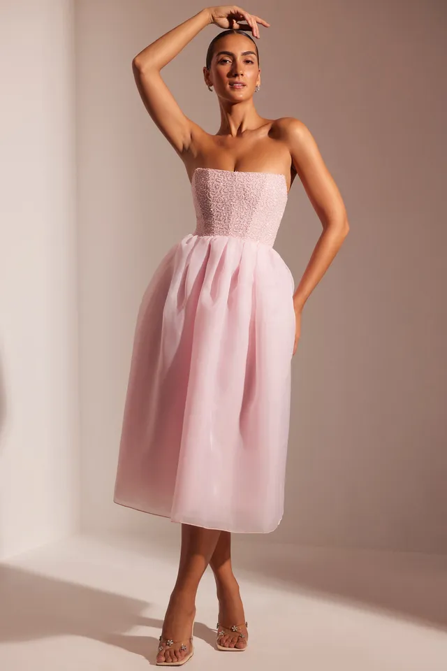 Oh Polly Rosette robe midi blush corset perlée tulle