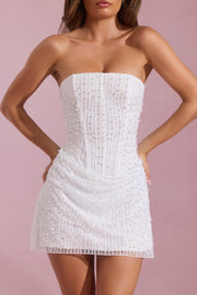 Oh Polly Embellished 14475 mini robe bustier blanche strass