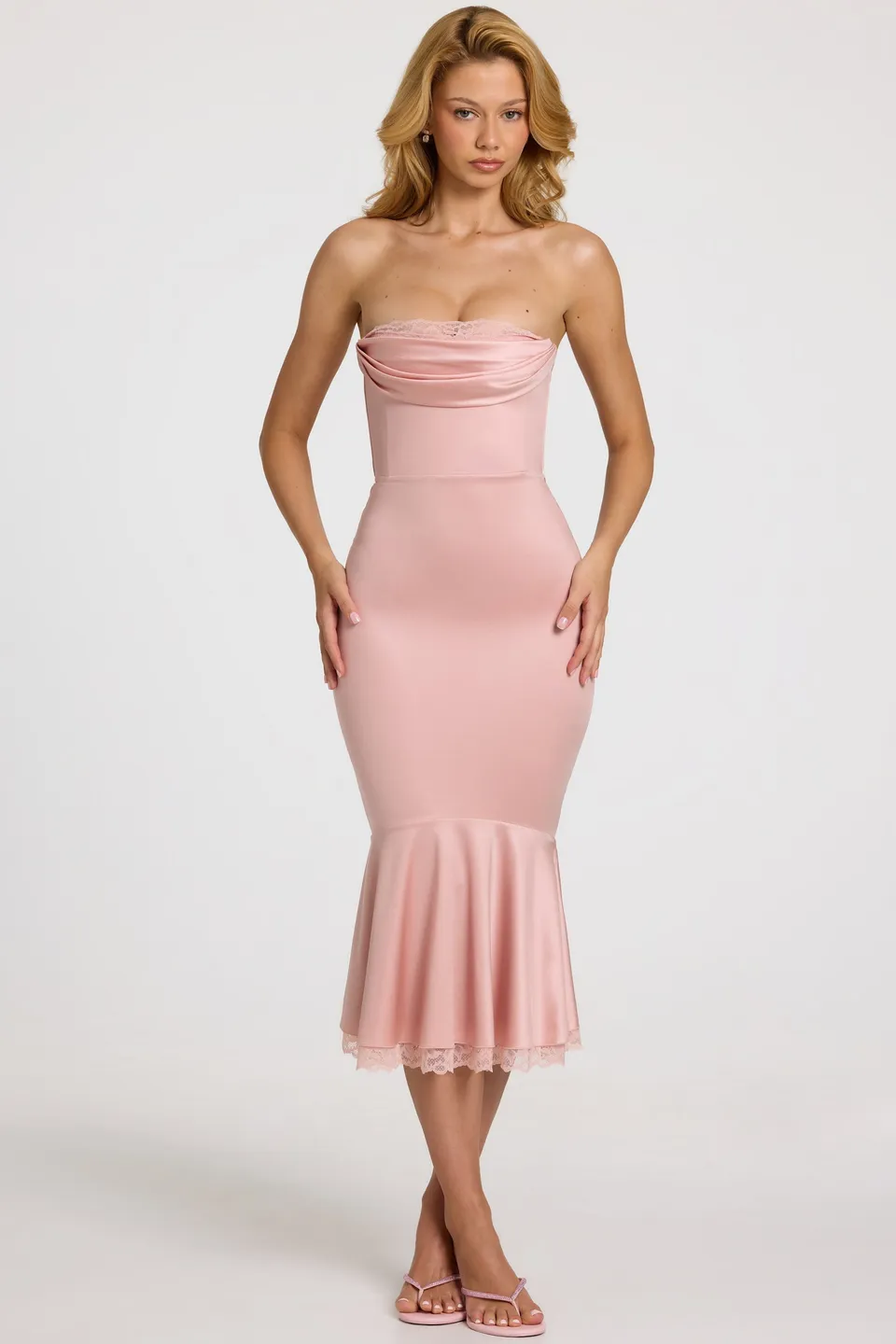 Oh Polly Belsa 15380 robe midi satin rose bustier dentelle