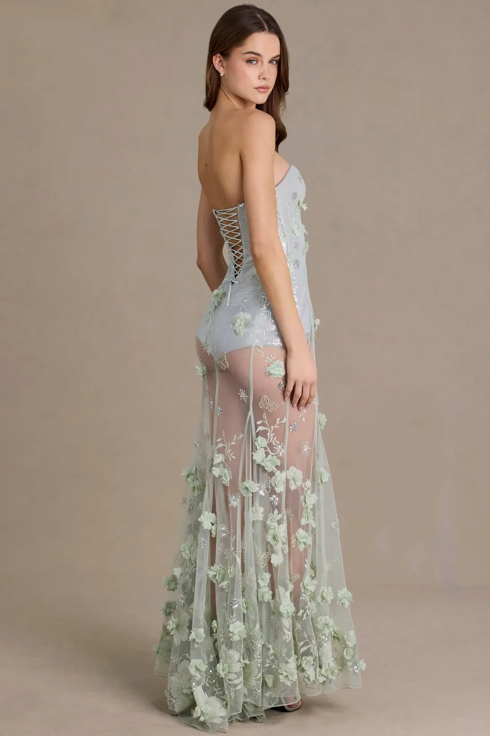 Oh Polly Embellished Robe Corset Tulle 15753 Vert Sauge