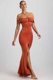 Oh Polly Karleen robe longue orange brûlé fente