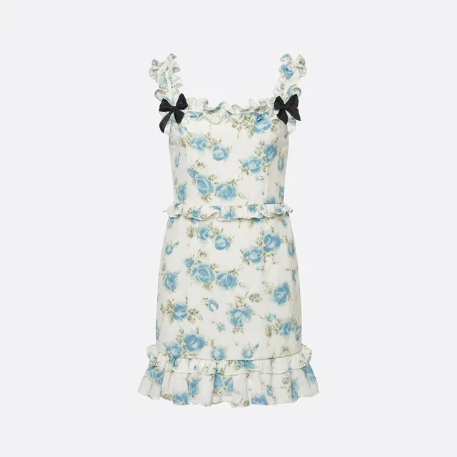 Alessandra Rich Dresses mini robe soie fleurs bleu volants