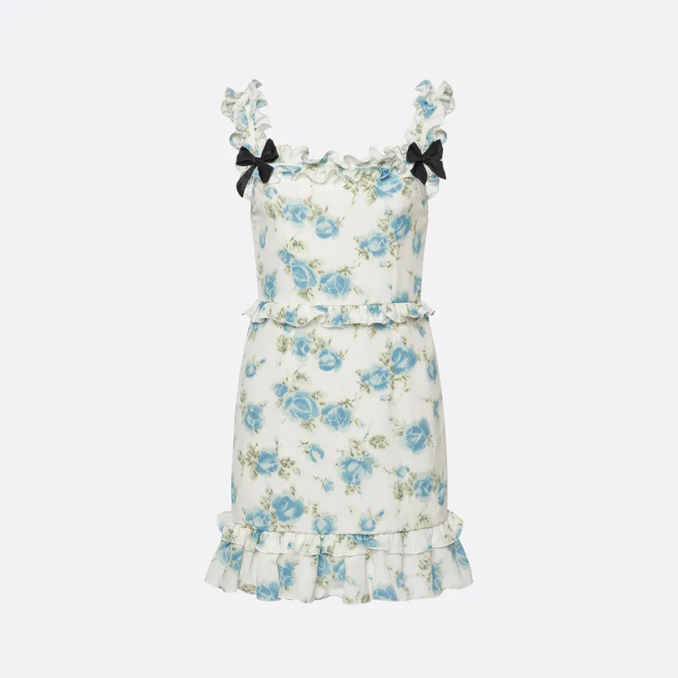 Alessandra Rich Dresses mini robe soie fleurs bleu volants