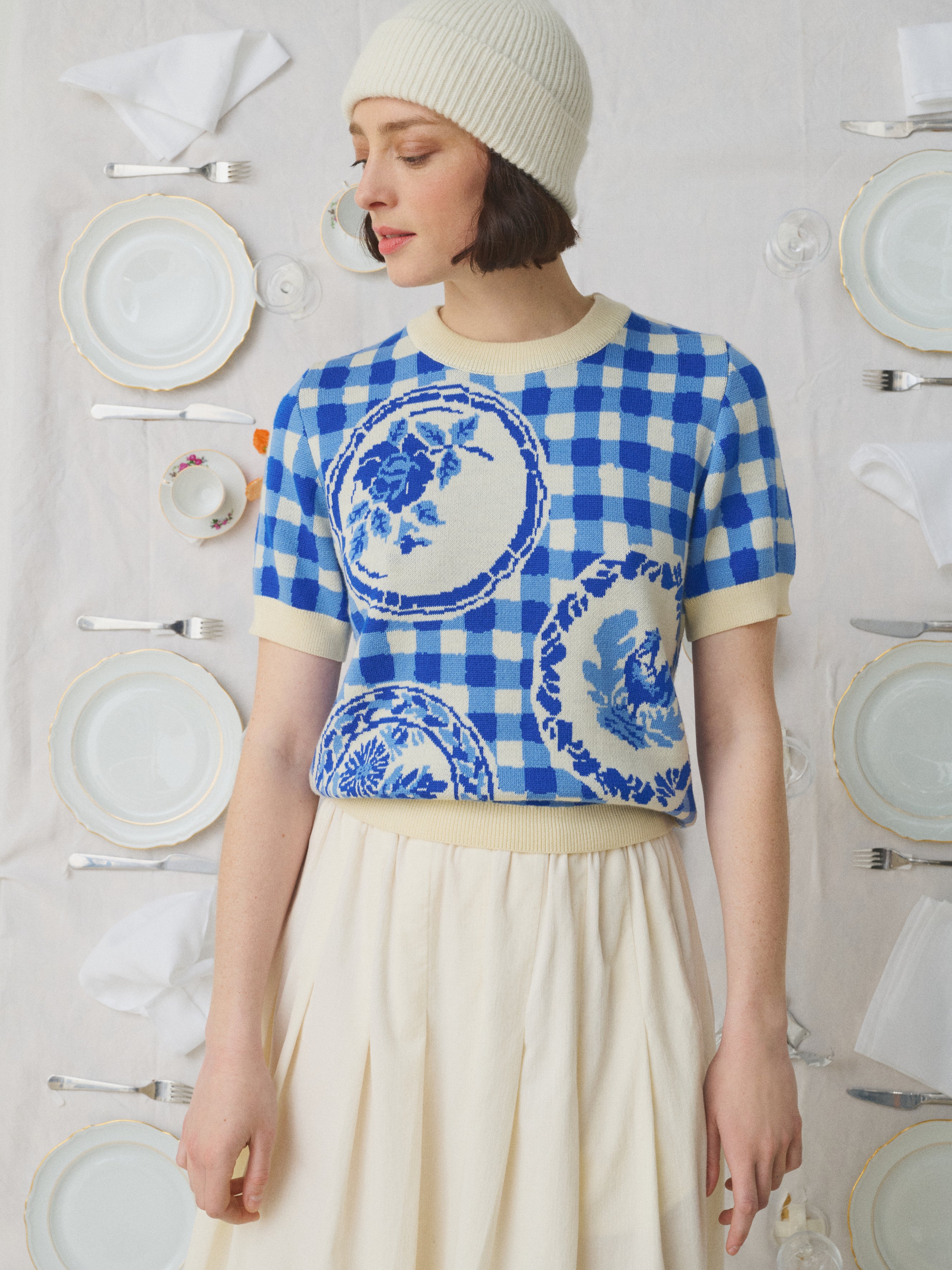 Mii à table Axelle pull laine mérinos vichy bleu