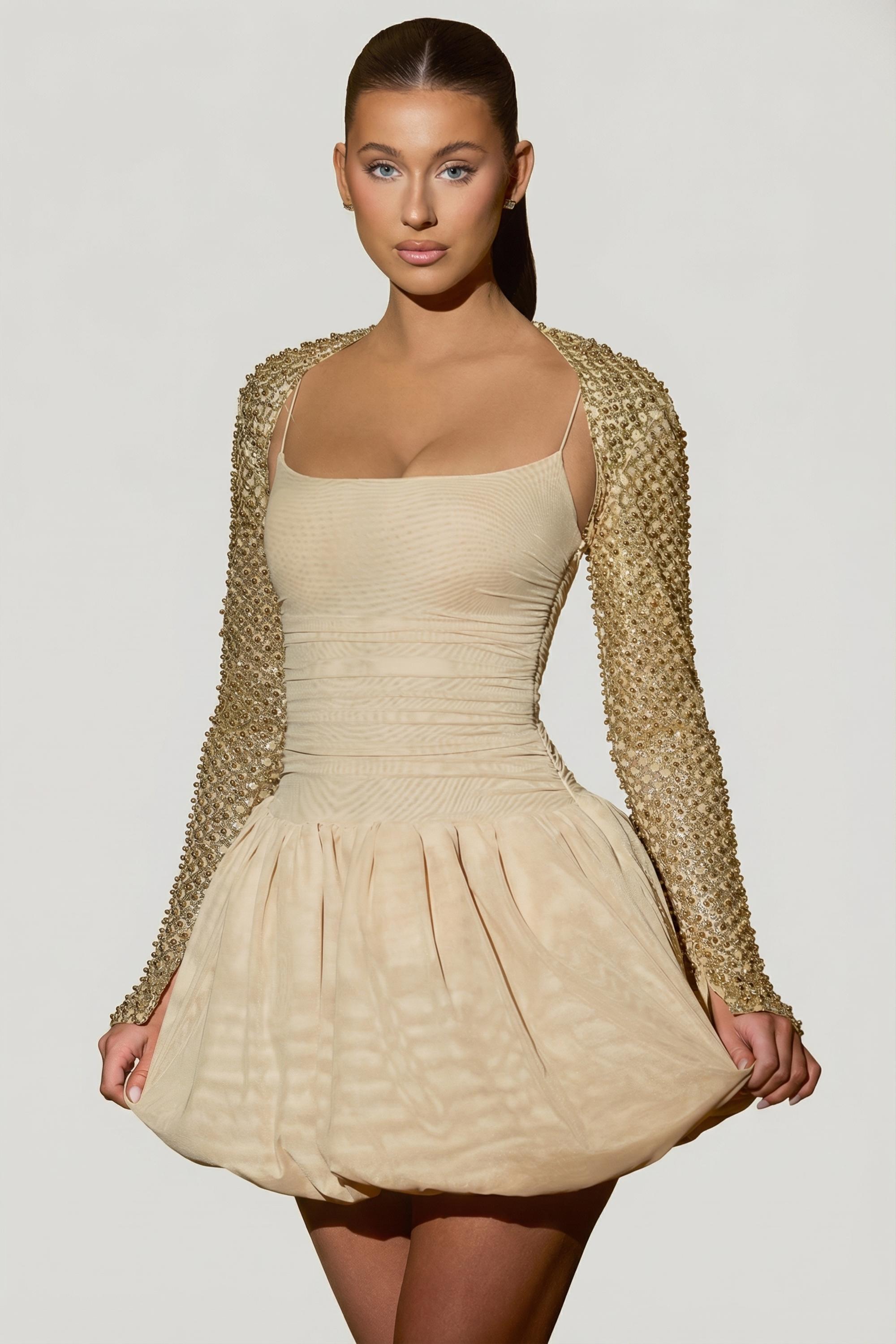 Oh Polly Embellished robe mini dorée jupe boule perles