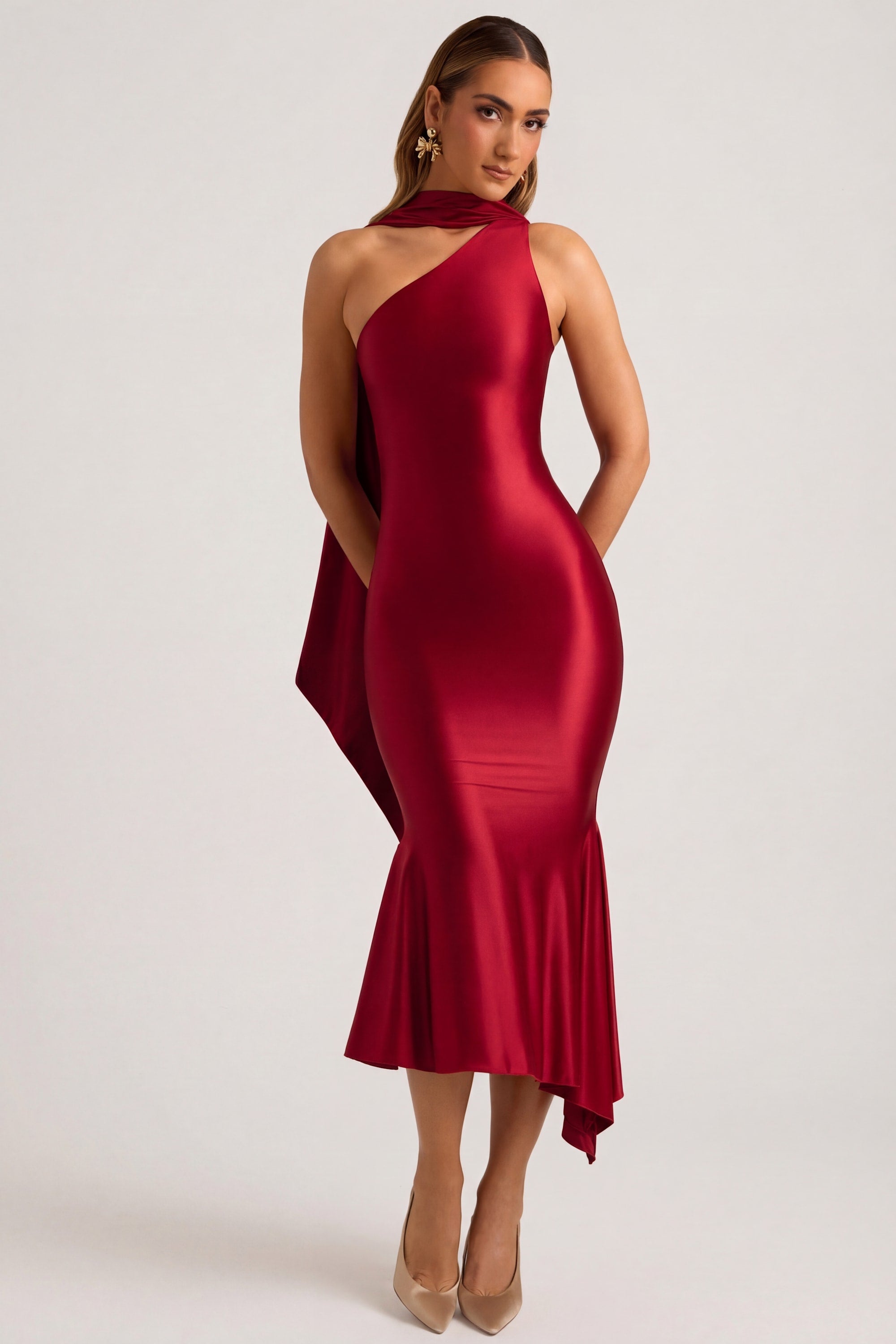 Oh Polly Shaya 11995 Robe midaxi rouge asymétrique
