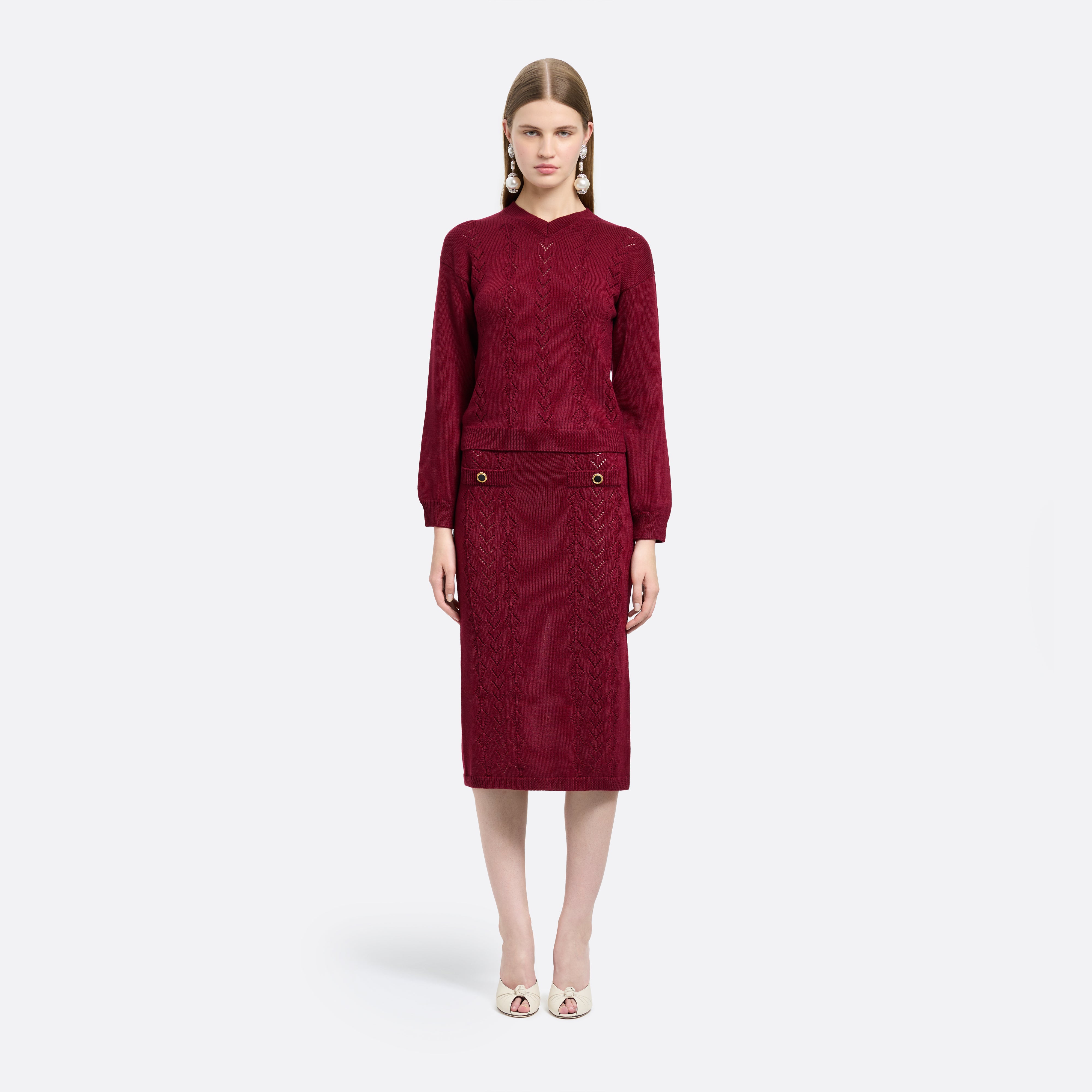 Alessandra Rich Merino Wool Lace-Knit Midi Skirt jupe bordeaux 36