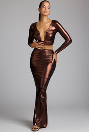 Oh Polly Zahra 8138 jupe longue cuivre bronze métallique