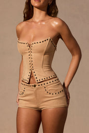 Oh Polly Zoryelle mini short camel taille basse suedine
