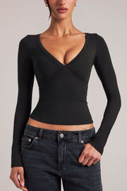 Oh Polly Tops 15988 top noir col V manches longues