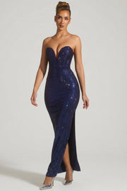 Oh Polly Lucile robe bustier strass bleu marine fendue