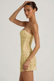 Oh Polly Averie Robe Jaune Strass Mini Col Carré