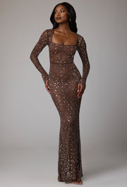 Oh Polly Embellished Isabeau 8307 robe longue cacao strass