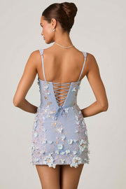 Oh Polly Briar Appliqué Corset Mini robe satin bleu ciel fleurs