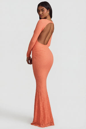 Oh Polly Tarini 14103 robe longue pêche dentelle dos nu