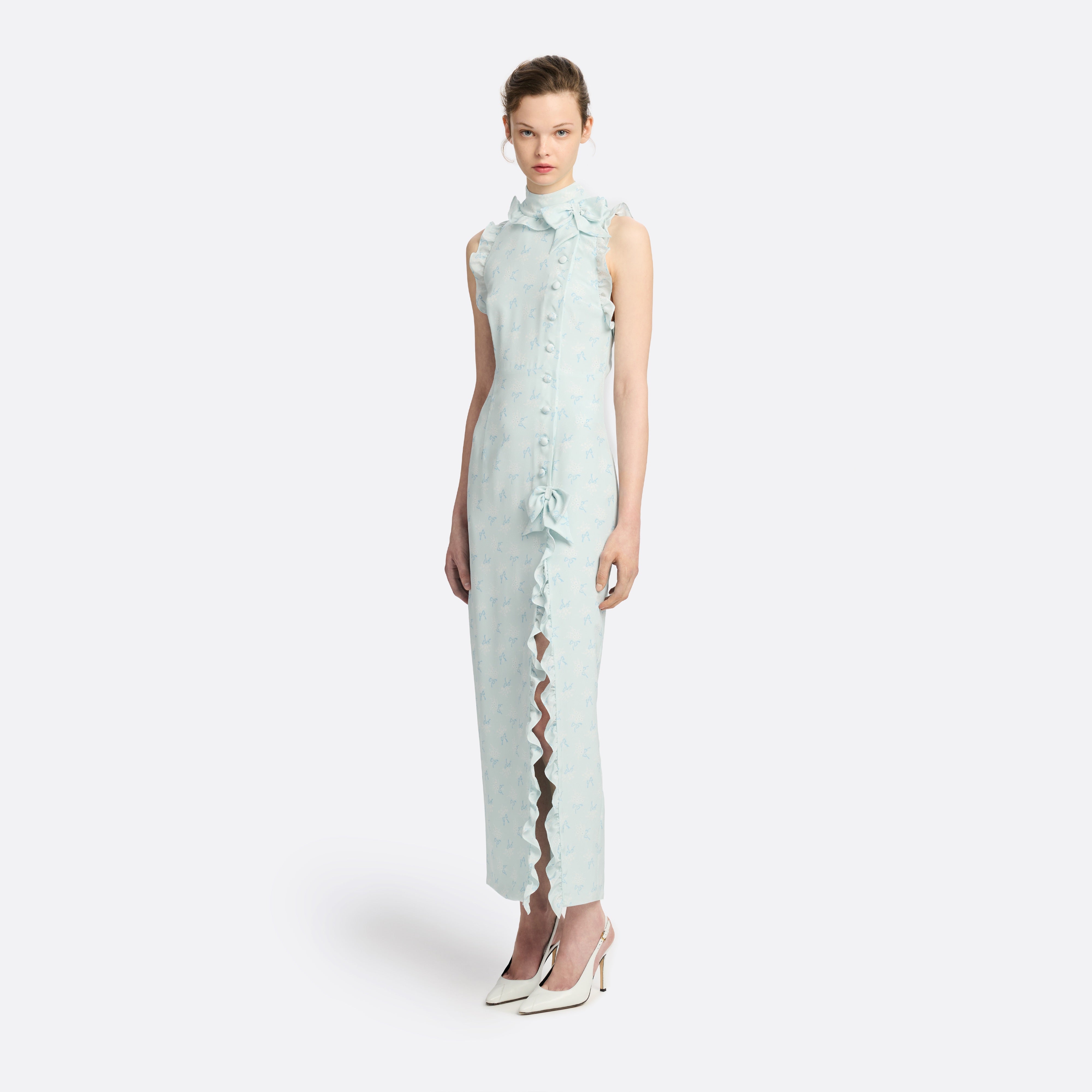 Alessandra Rich Robe midi soie col montant bleu clair