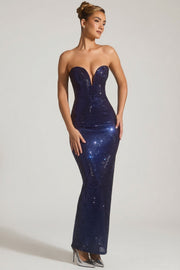 Oh Polly Lucile robe bustier strass bleu marine fendue