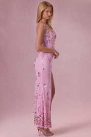 Oh Polly Primara robe maxi corset rose bonbon brodée