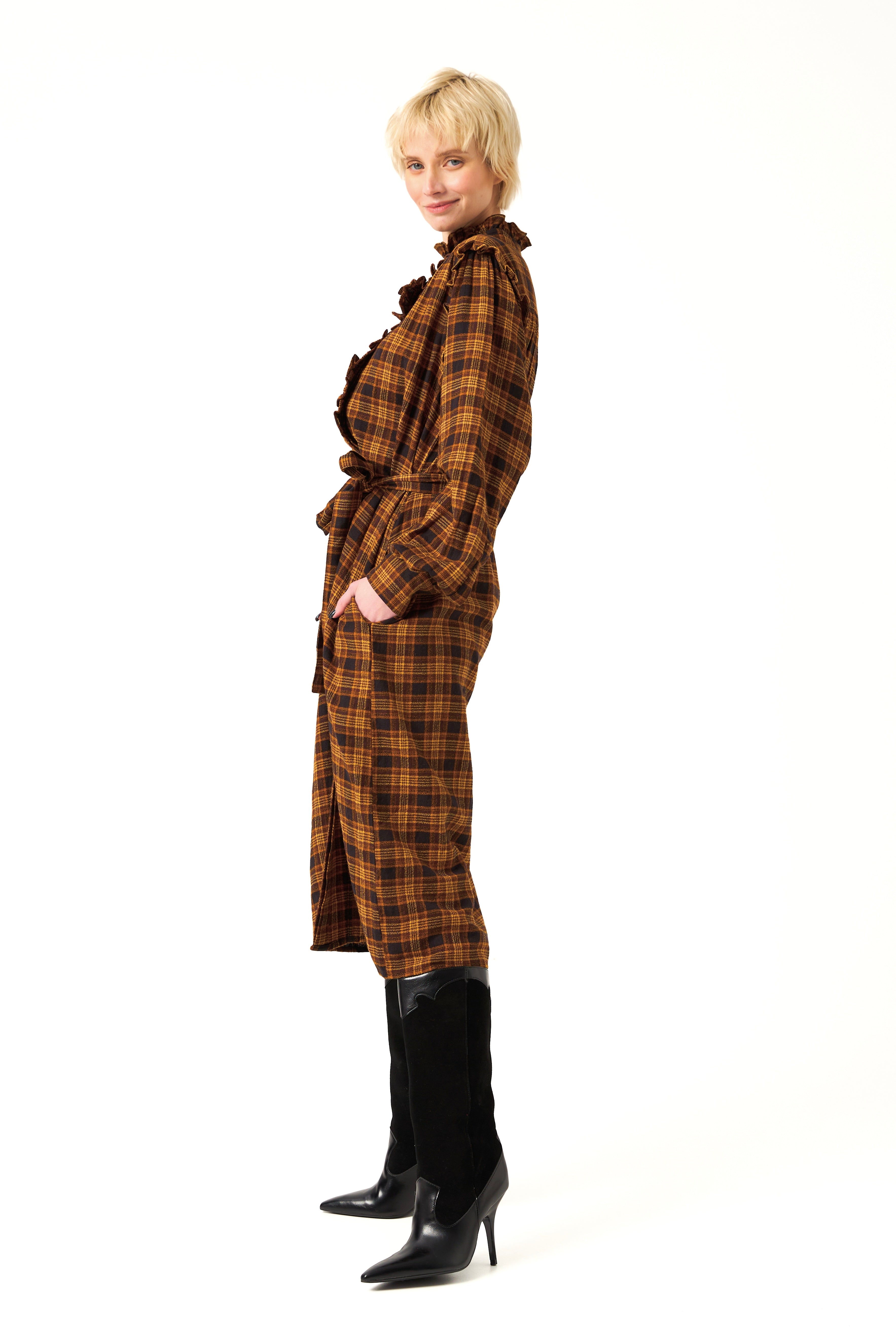 Chicosoleil Aina robe mi-longue tribal plaid coton ceinture