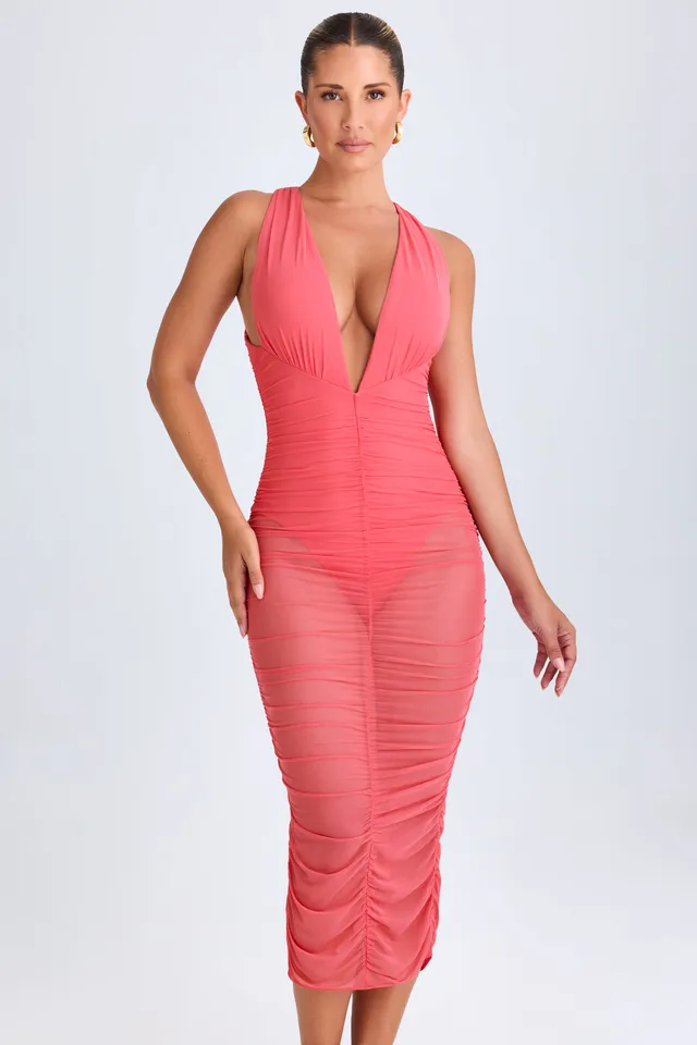 Oh Polly Safira Robe Midaxi Plongeante Corail Ruchée Mesh