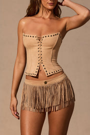 Oh Polly Meliora Mini Short Franges Beige Tan Daim
