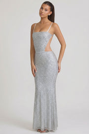 Oh Polly Embellished 12956 robe longue sirène argent Silver