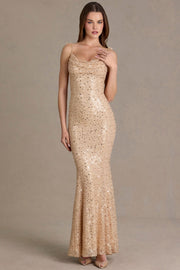 Oh Polly Embellished robe maxi dorée sequins dos ouvert