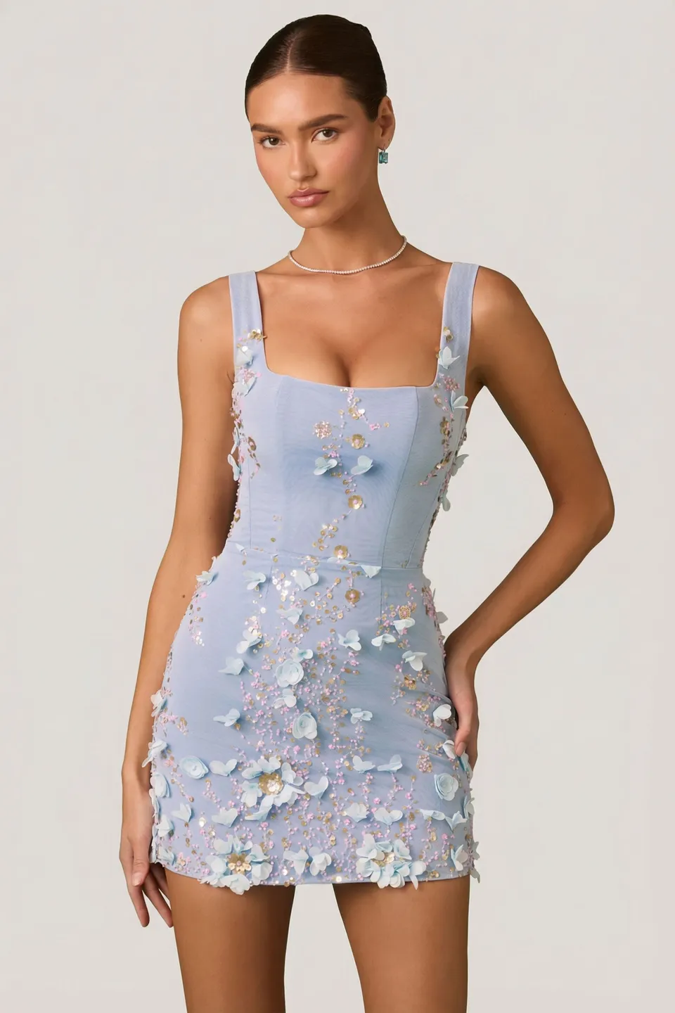 Oh Polly Briar Appliqué Corset Mini robe satin bleu ciel fleurs