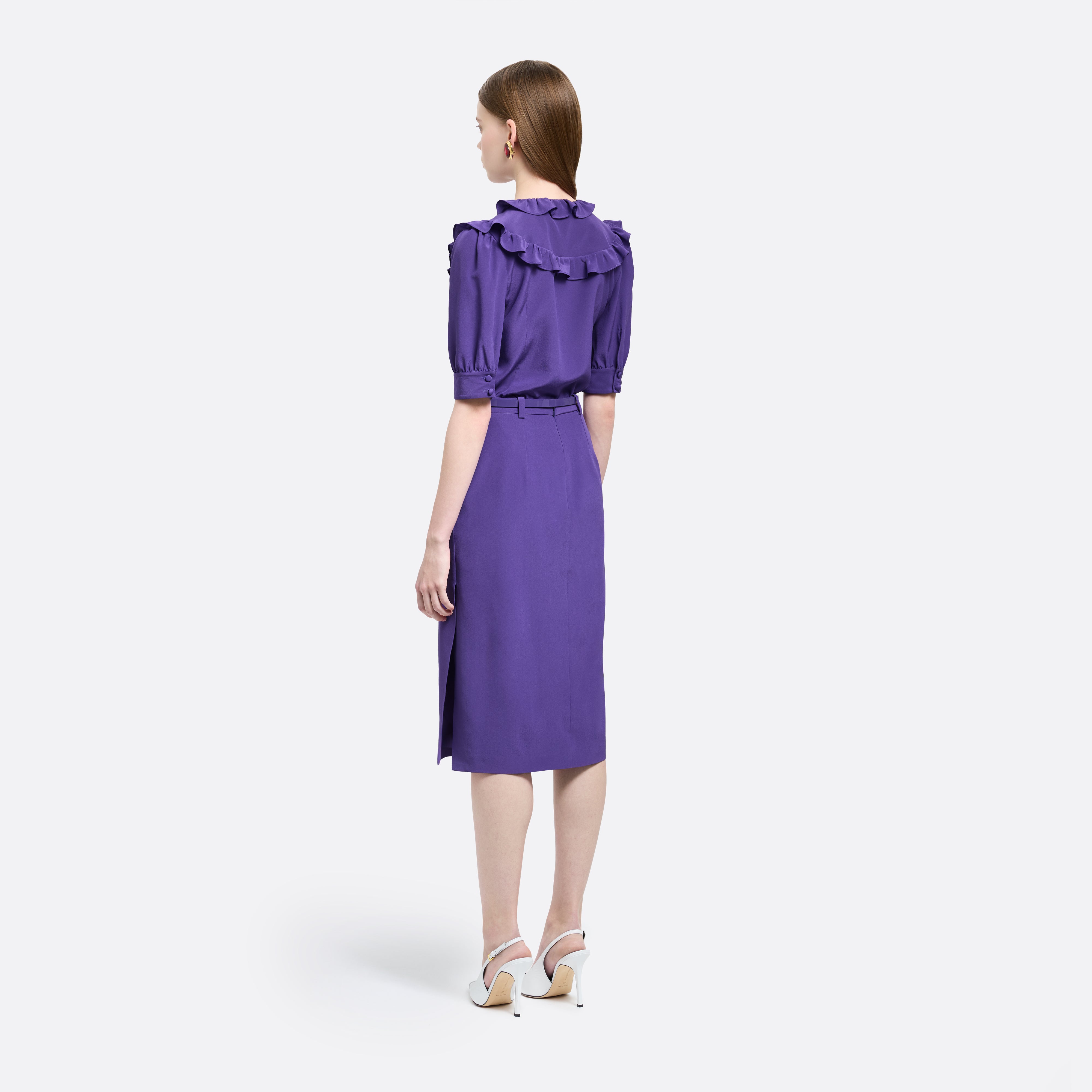 Alessandra Rich Silk Blouse with Ruffles chemisier violet soie