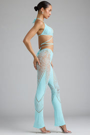 Oh Polly Embellished pantalon évasé Stevie bleu glace strass