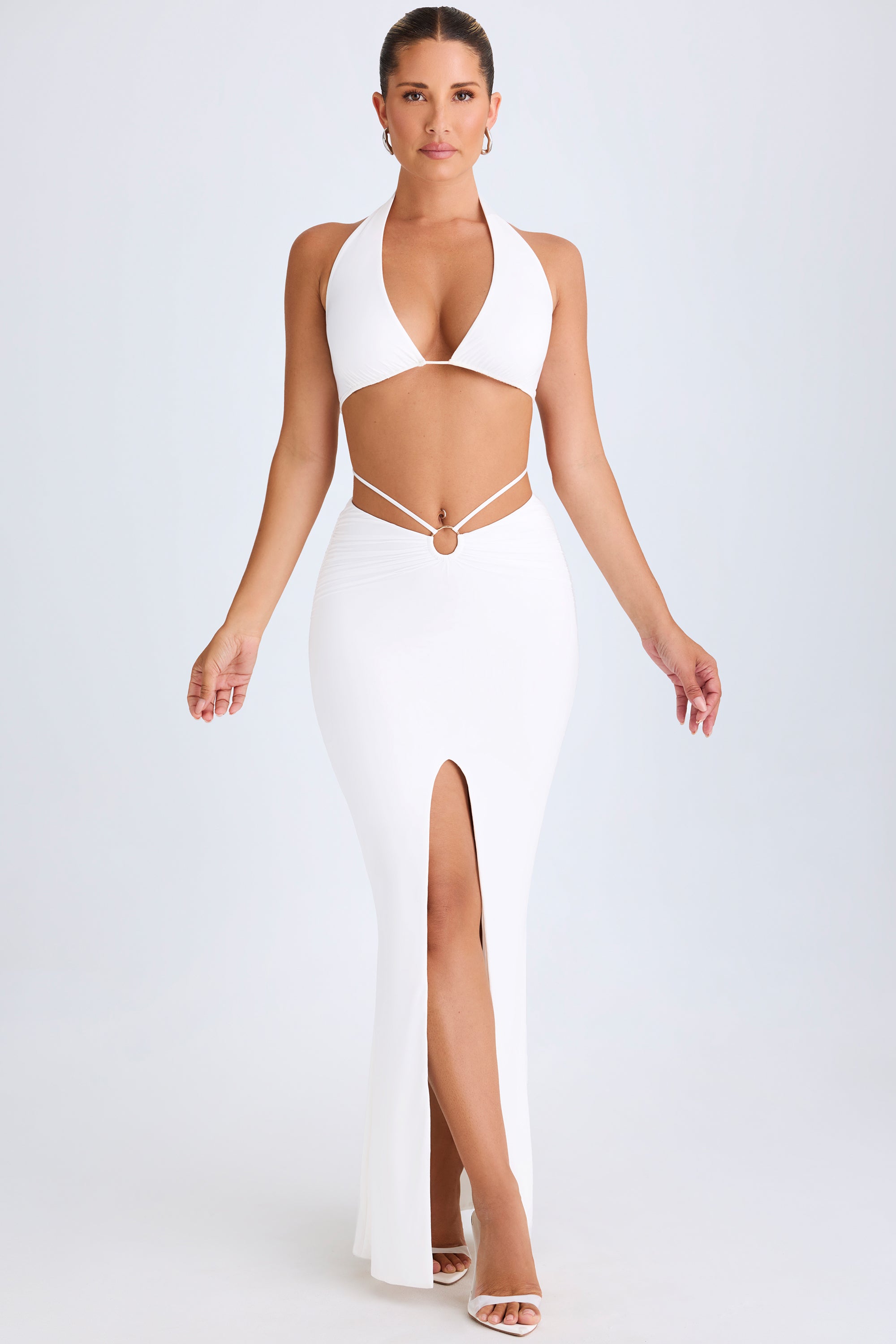 Oh Polly Zweena 10322 Jupe Maxi Blanche Fente Taille Mi-Haute