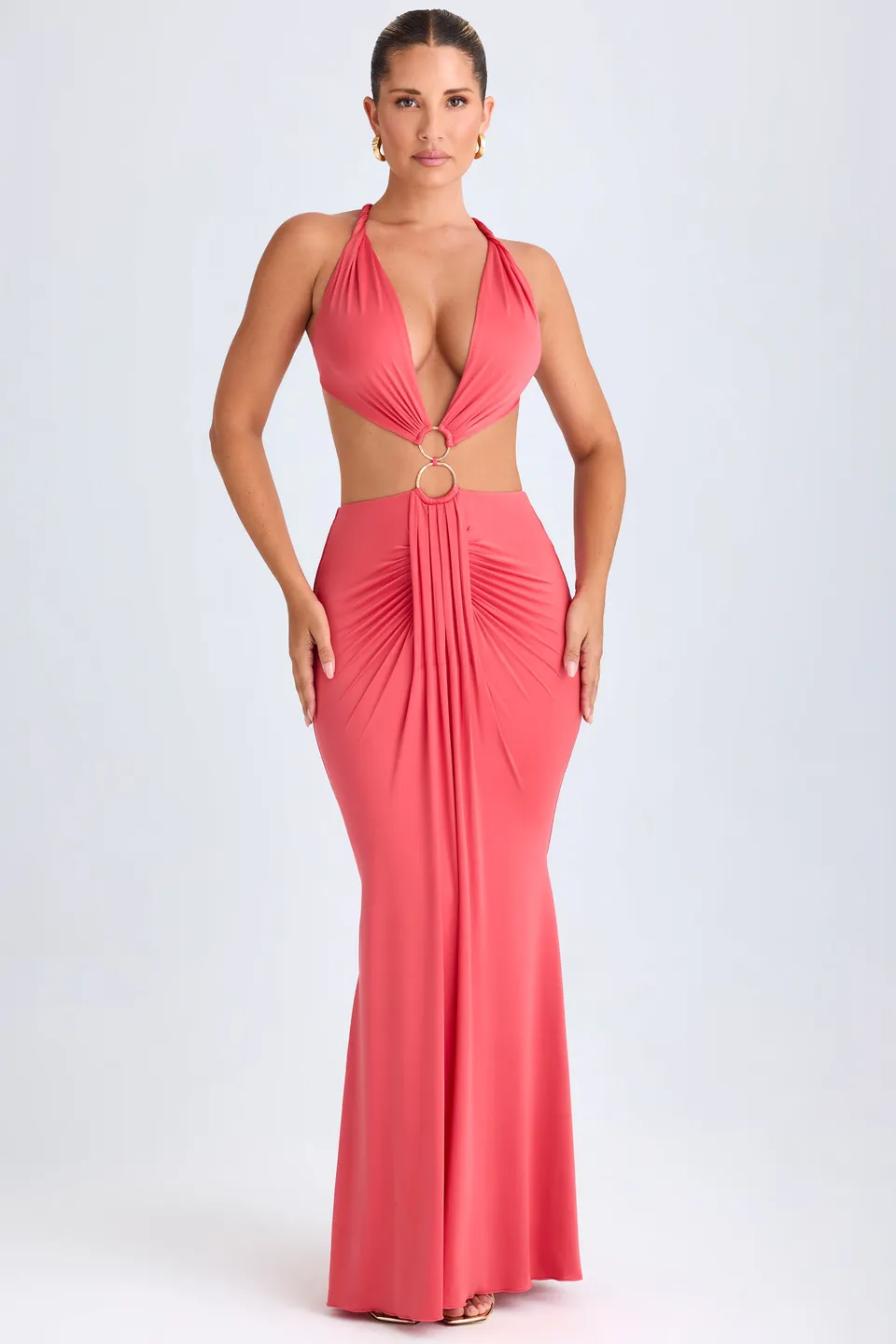 Oh Polly Omarosa robe maxi corail découpée jersey