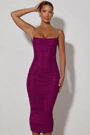 Oh Polly Dresses Alondra robe bodycon midaxi prune ruchée