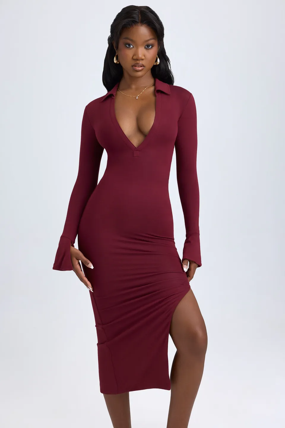 Oh Polly Yael robe midaxi bordeaux col V modal