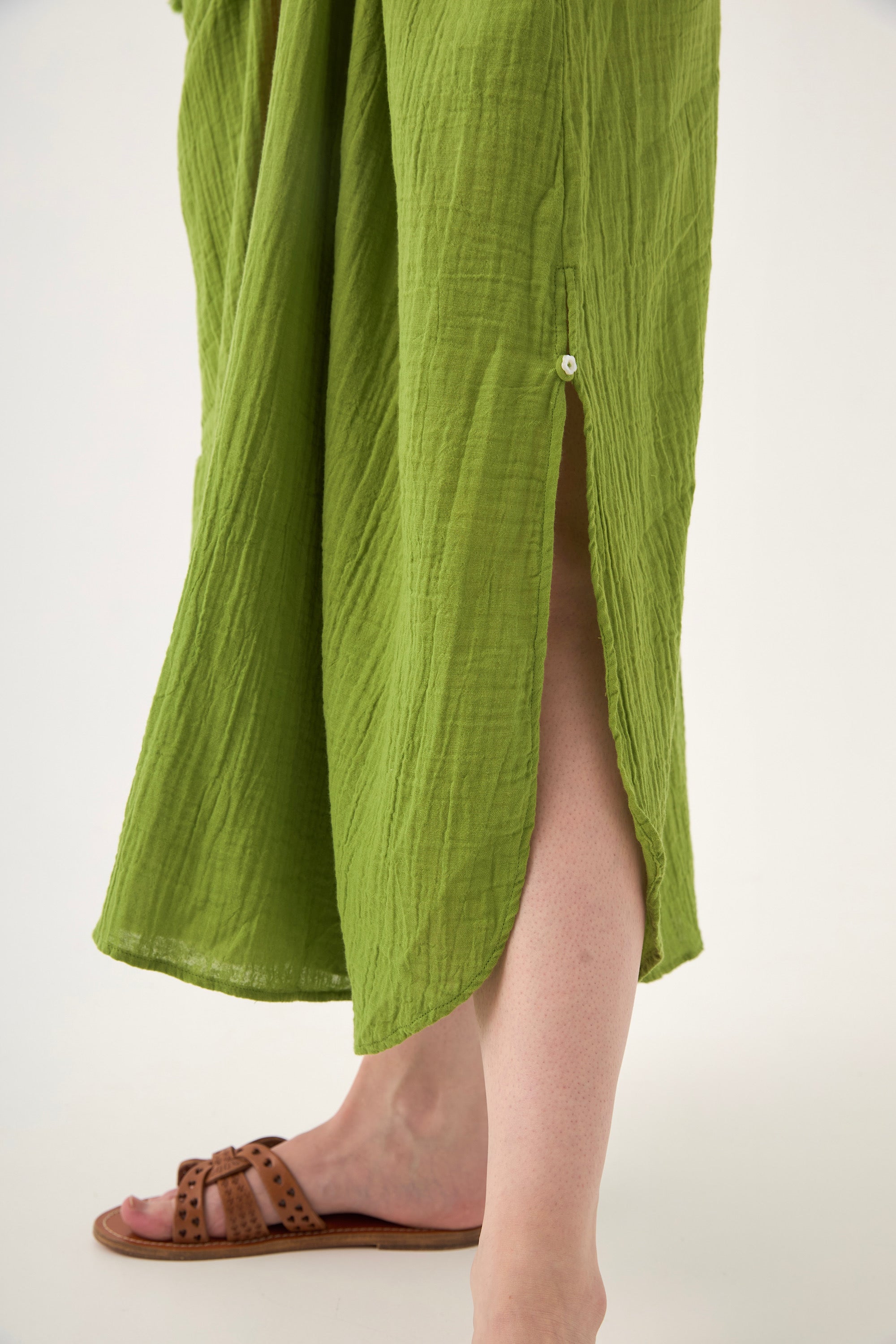 Chicosoleil Marigold robe longue vert péridot gaze coton
