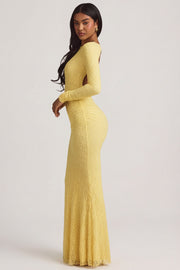 Oh Polly Tarini 14103 robe longue jaune pastel dentelle