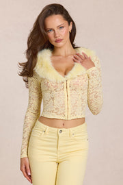 Oh Polly Solaya Cardigan dentelle jaune citron fourrure