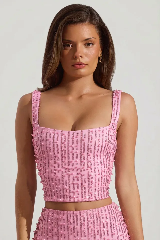 Oh Polly Lirael 14478 crop top col carré posy perles