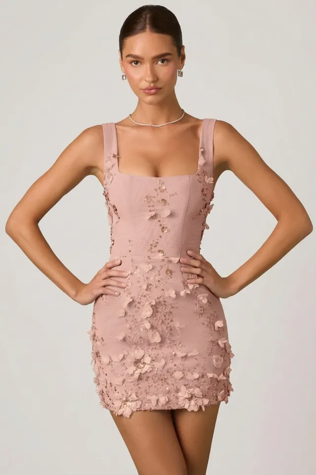 Oh Polly Briar Appliqué Corset Mini robe satin rose poudré fleurs