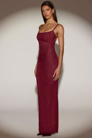 Oh Polly Embellished Celandine robe maxi bordeaux dos nu strass
